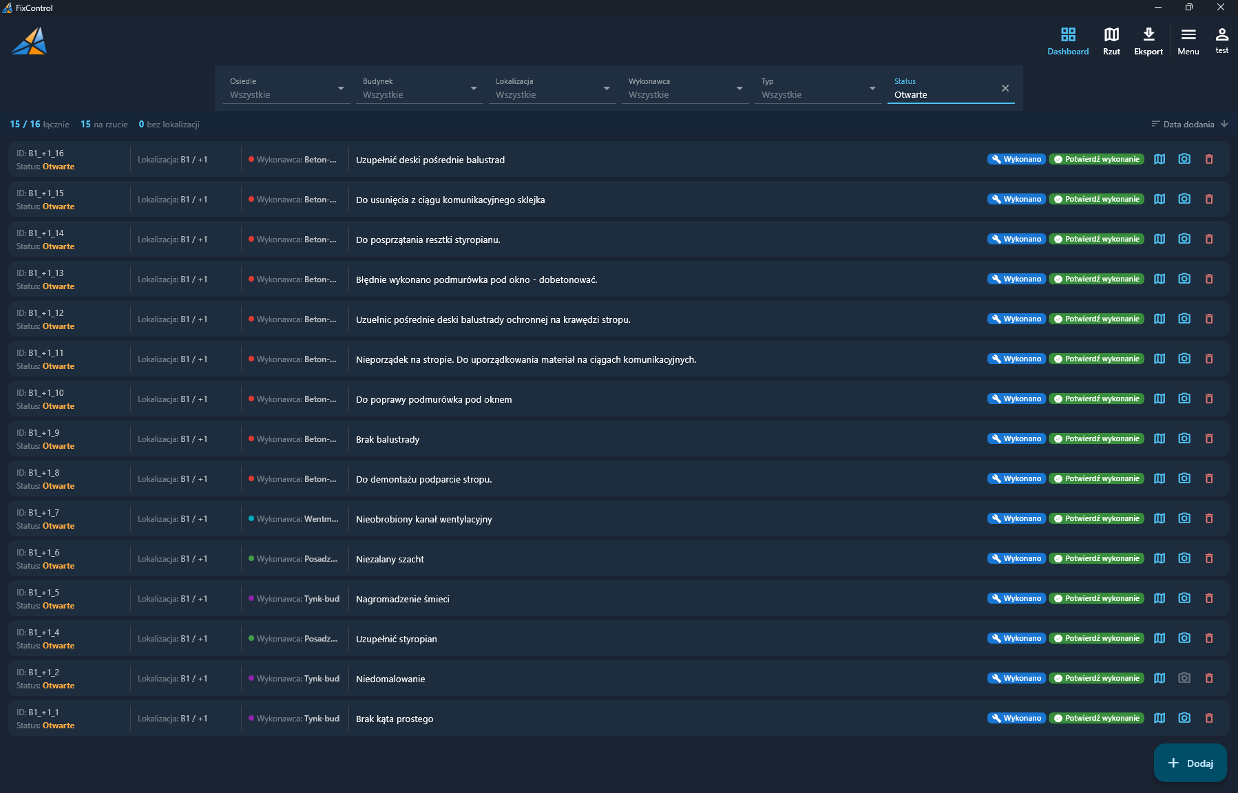 Widok listy usterek (dashboard)