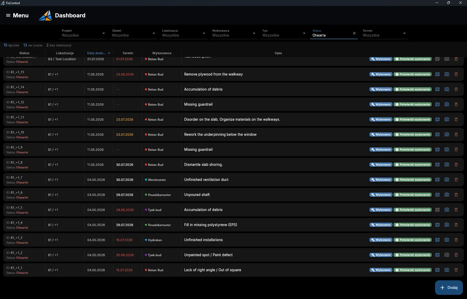 Defects list view (dashboard)