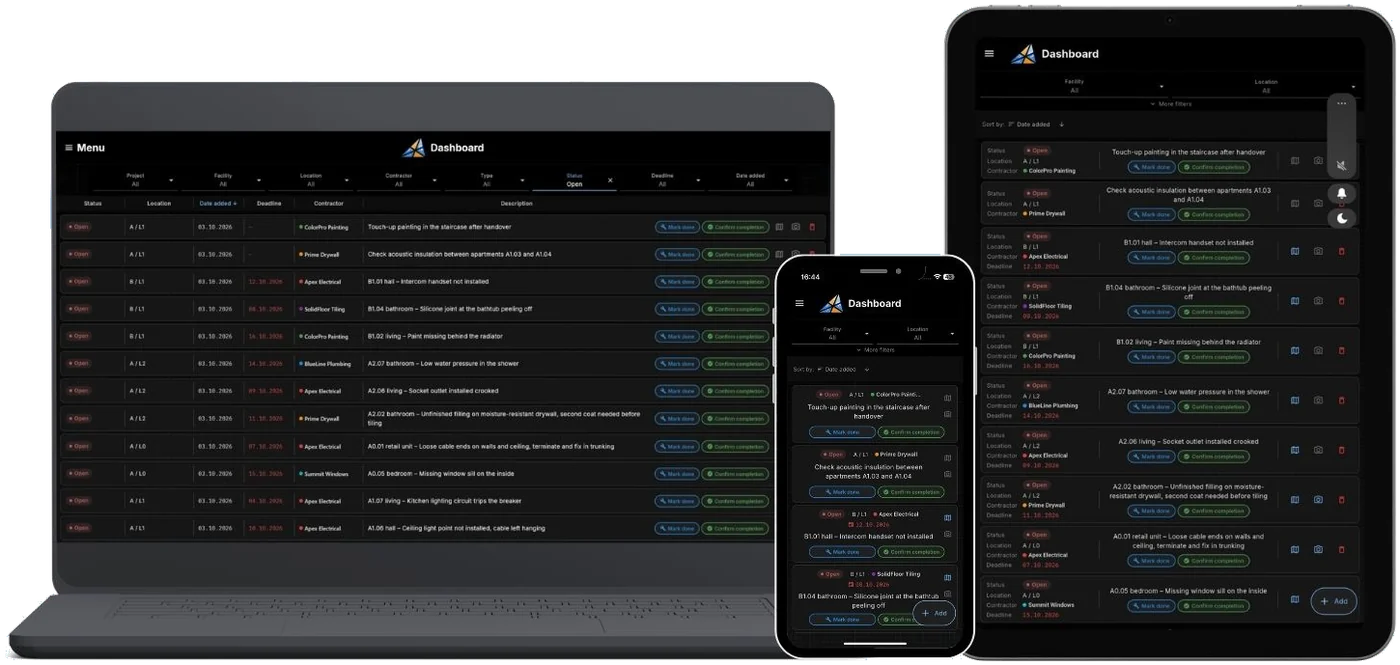 Widok listy usterek (dashboard)